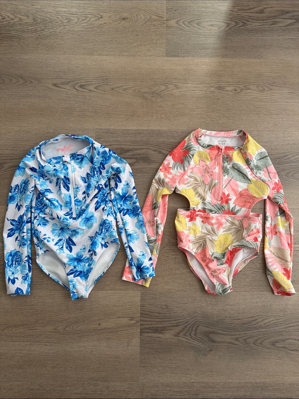 2 Long-Sleeve Floral Rashguards - Blue & Coral Multicolor